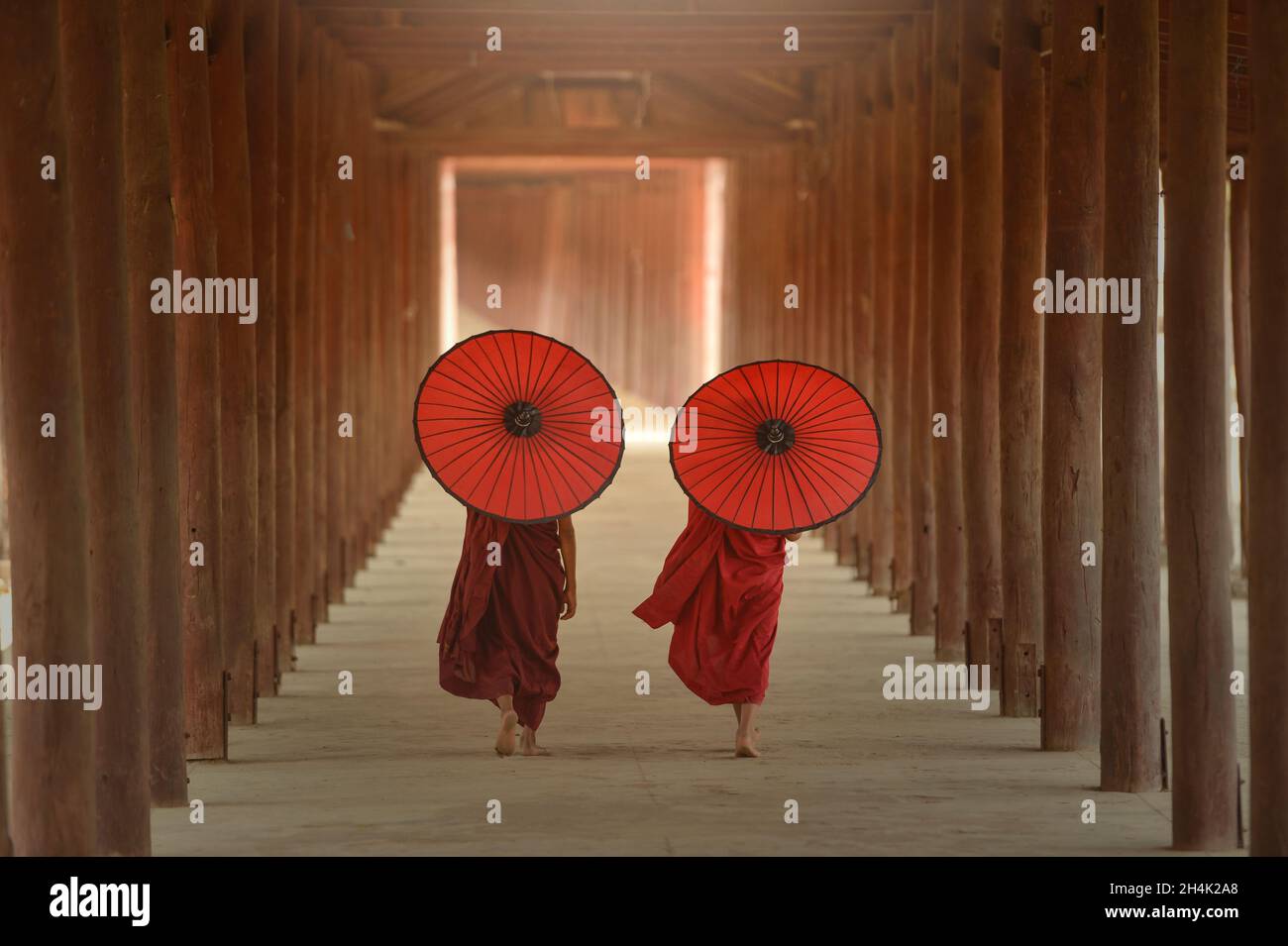 Rear view of two novice monks with parasols, Bagan, Mandalay, Myanmar Stock Photo