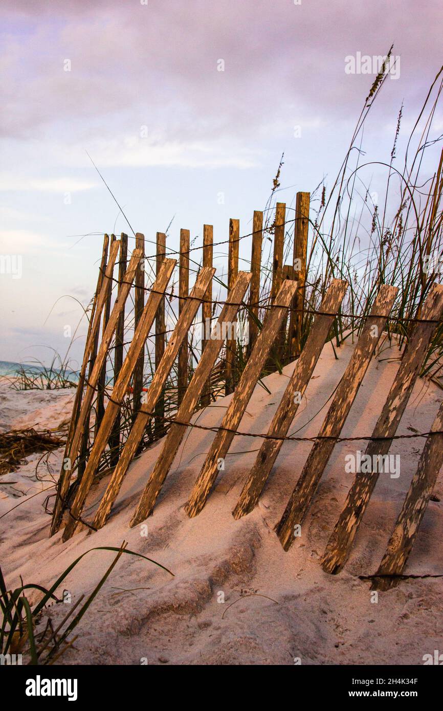 Vertical shot of an old wooden fence on the sandy beach during sunset ...