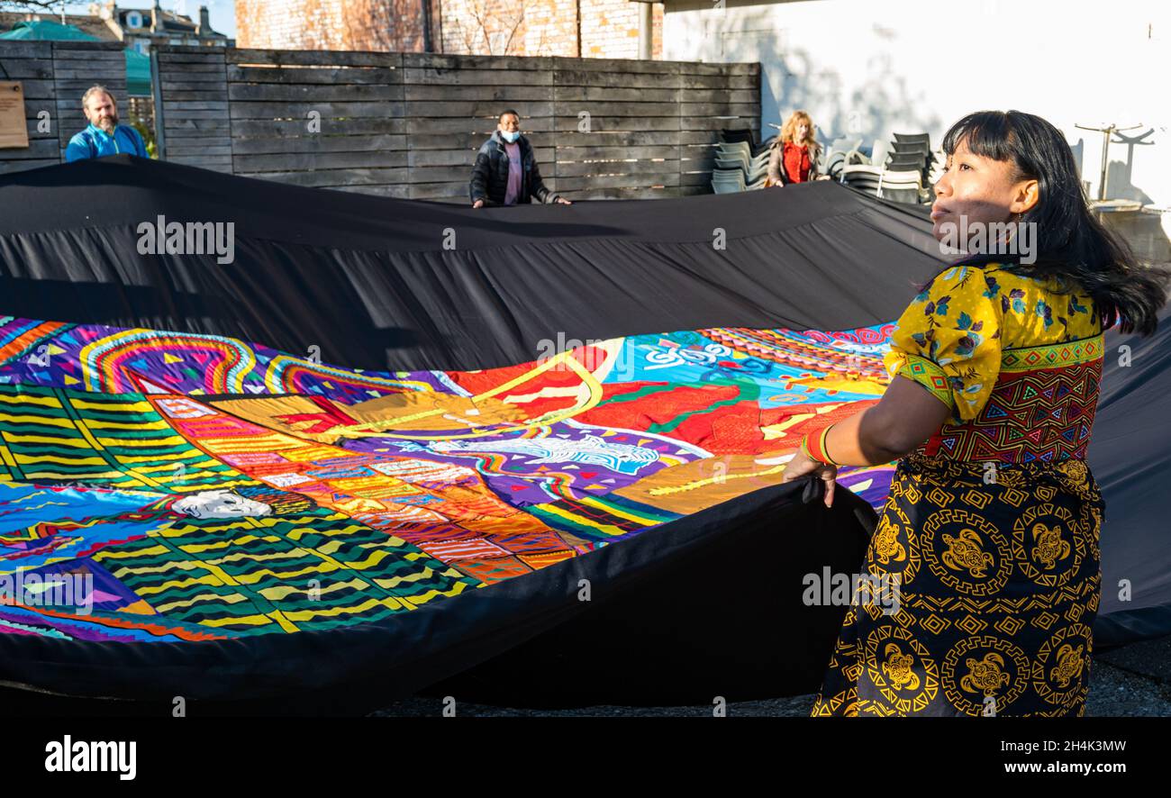 Hidden Gardens, Glasgow, Scotland, UK, 03 November 2021. COP26: ORIGINS, a year-long Indigenous art and culture festival which promotes climate change action during the conference. Pictured: Agar Iklenia Tejeda, who organised Guna women from Panama to hand sew the Mola sail appliqué artwork Stock Photo