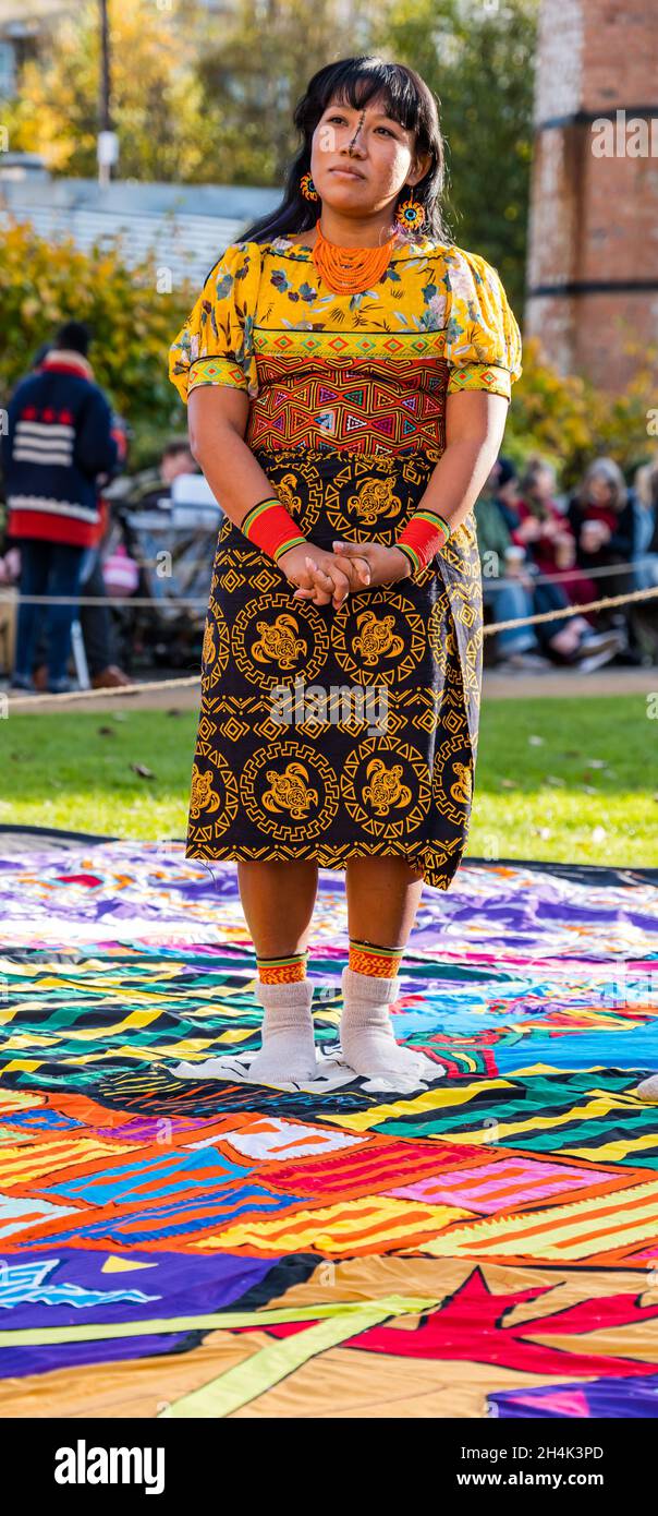 Hidden Gardens, Glasgow, Scotland, UK, 03 November 2021. COP26: ORIGINS, a year-long Indigenous art and culture festival which promotes climate change action during the conference. Pictured: Agar Iklenia Tejeda, who organised Guna women from Panama to hand sew the Mola sail appliqué artwork Stock Photo
