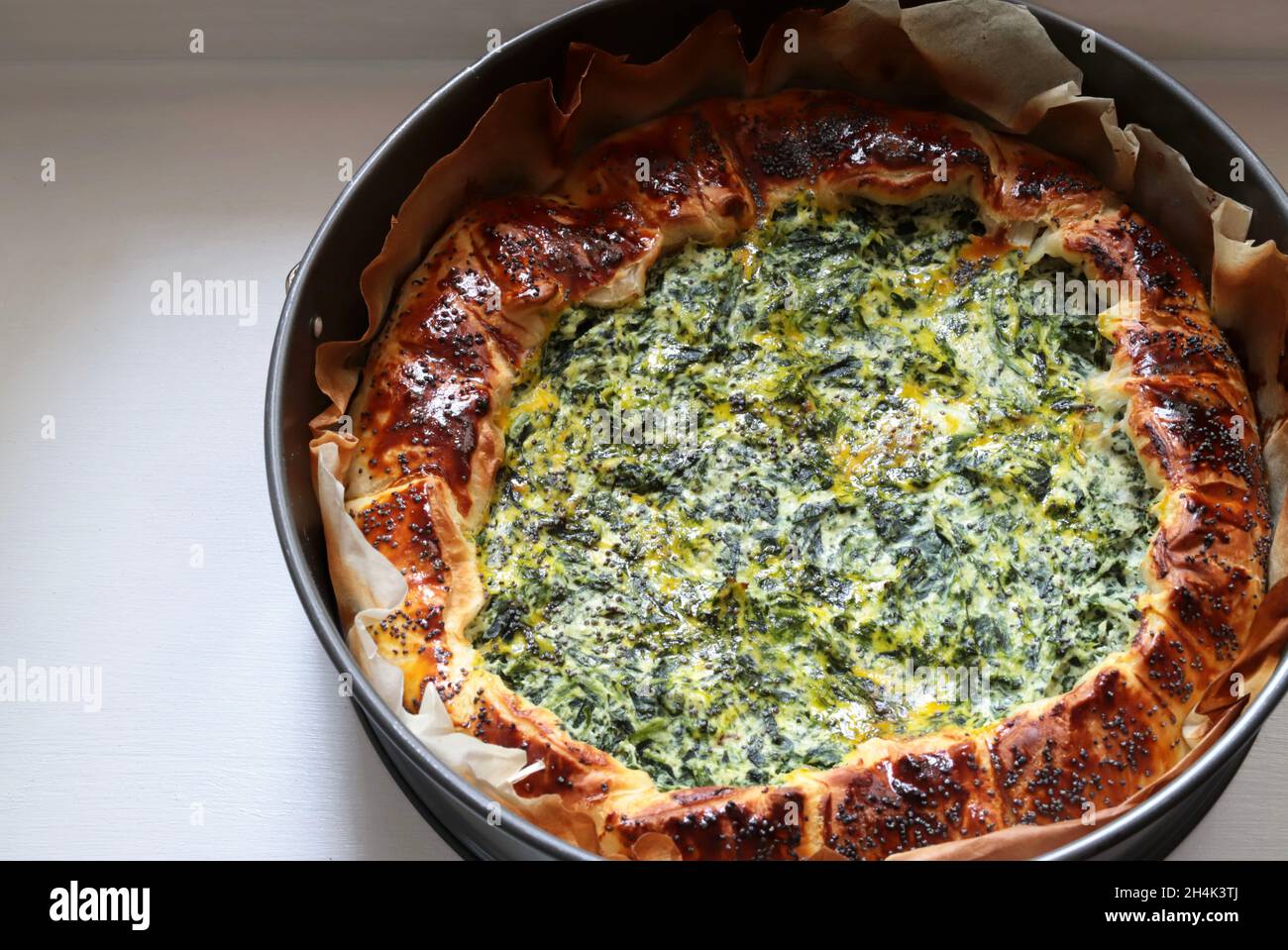 Homemade savory pie with ricotta, spinach and eggs. Directly above