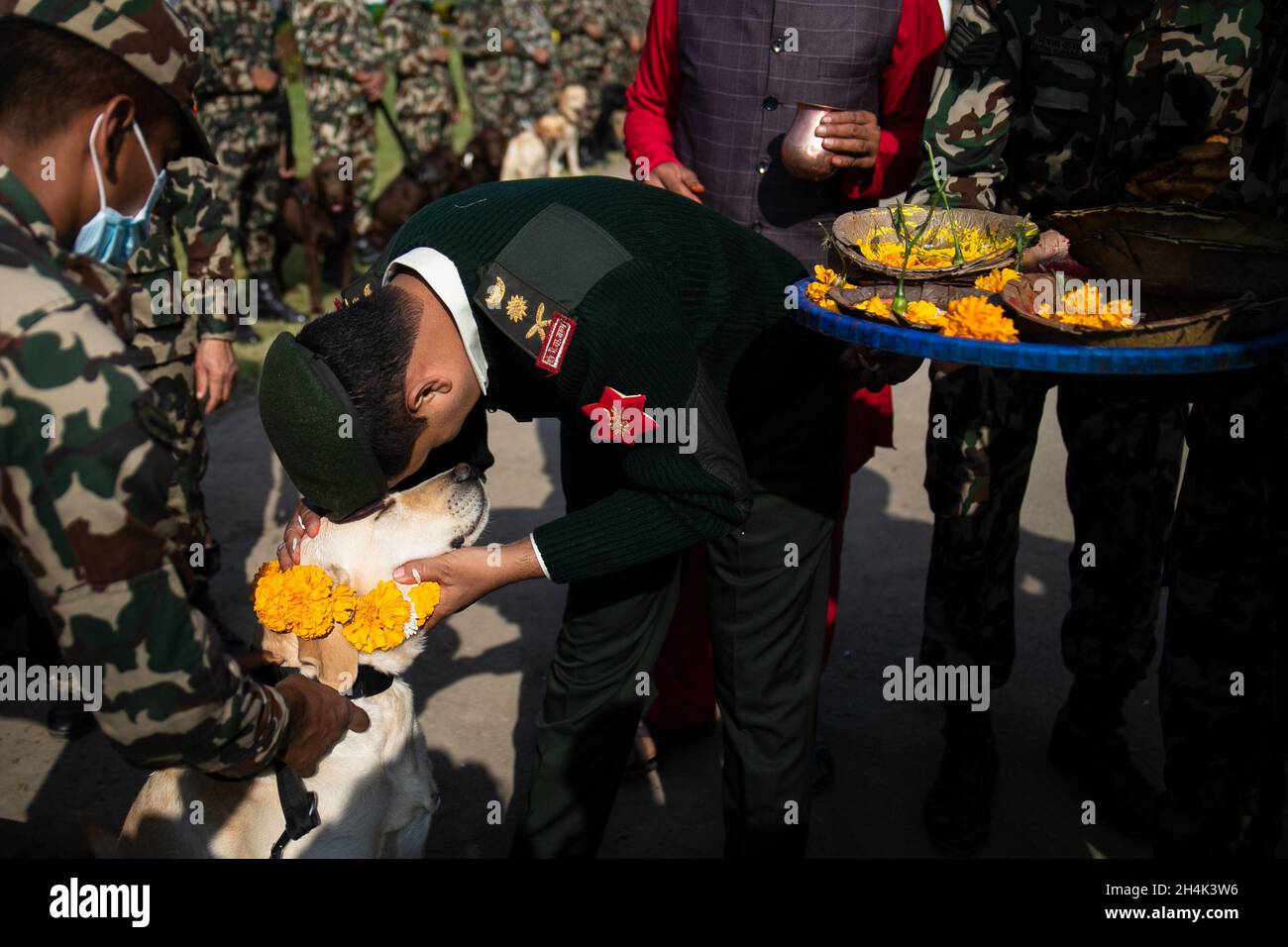 Bhaktapur, Nepal. 03rd Nov, 2021. The Nepalese army personnel embraces after applying vermilion and flower garlands to an Army dog during a dog worship day that is celebrated as part of the Tihar festival.Tihar is the second biggest festival of Nepal which is devoted to a different animal or object of worship, including cows, crows and dogs. The festival celebrates the powerful relationship between humans, gods and animals. Credit: SOPA Images Limited/Alamy Live News Stock Photo