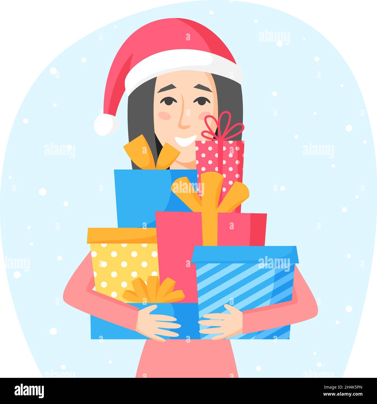Woman in Santa hat holding gift boxes. Buying and preparing Christmas presents for family and friends. Gifts with ribbons and bows. Flat vector Stock Vector