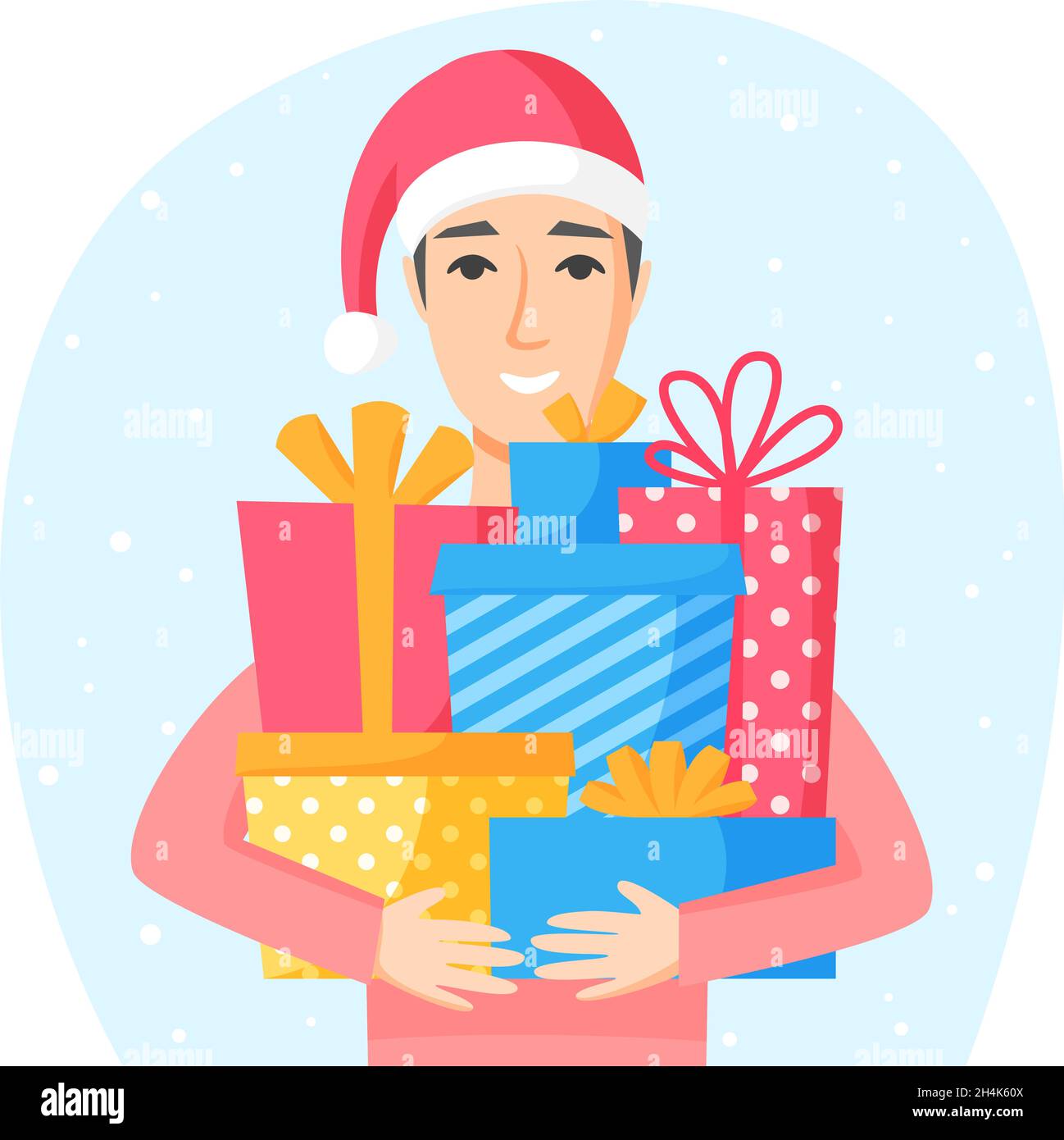 Man in Santa hat holding gift boxes. Buying and preparing Christmas presents for family and friends. Gifts with ribbons and bows. Flat vector Stock Vector