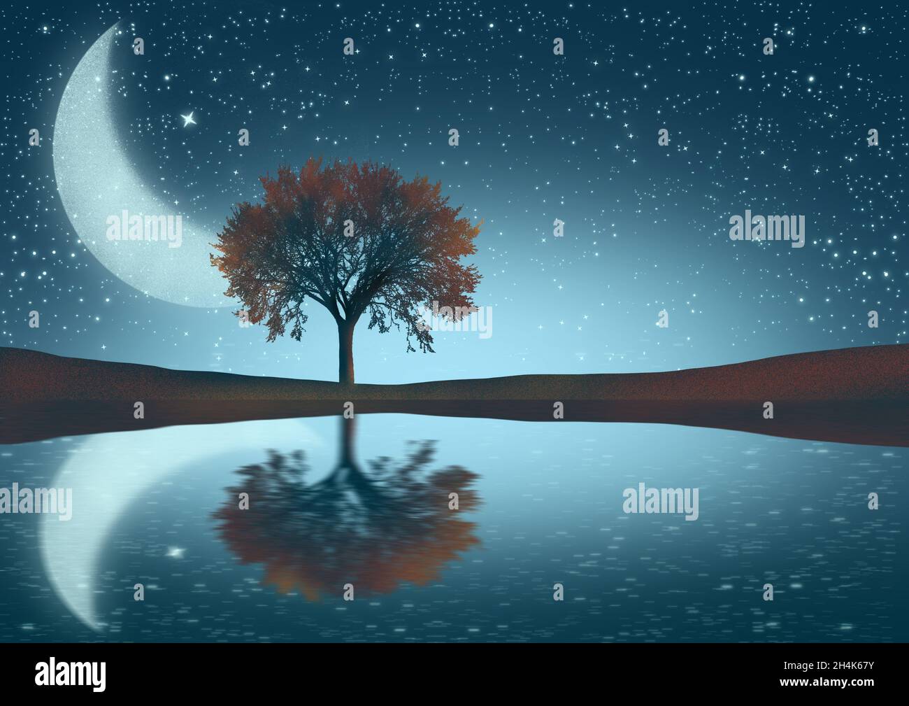 Gorgeous illustration of the lake and a tree under the blue night sky ...