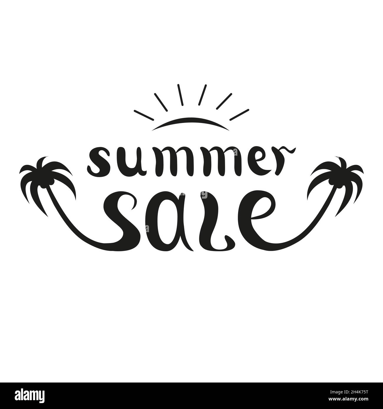 Summer sale lettering with palm trees and sun. Handwritten quote for banner or flyer design