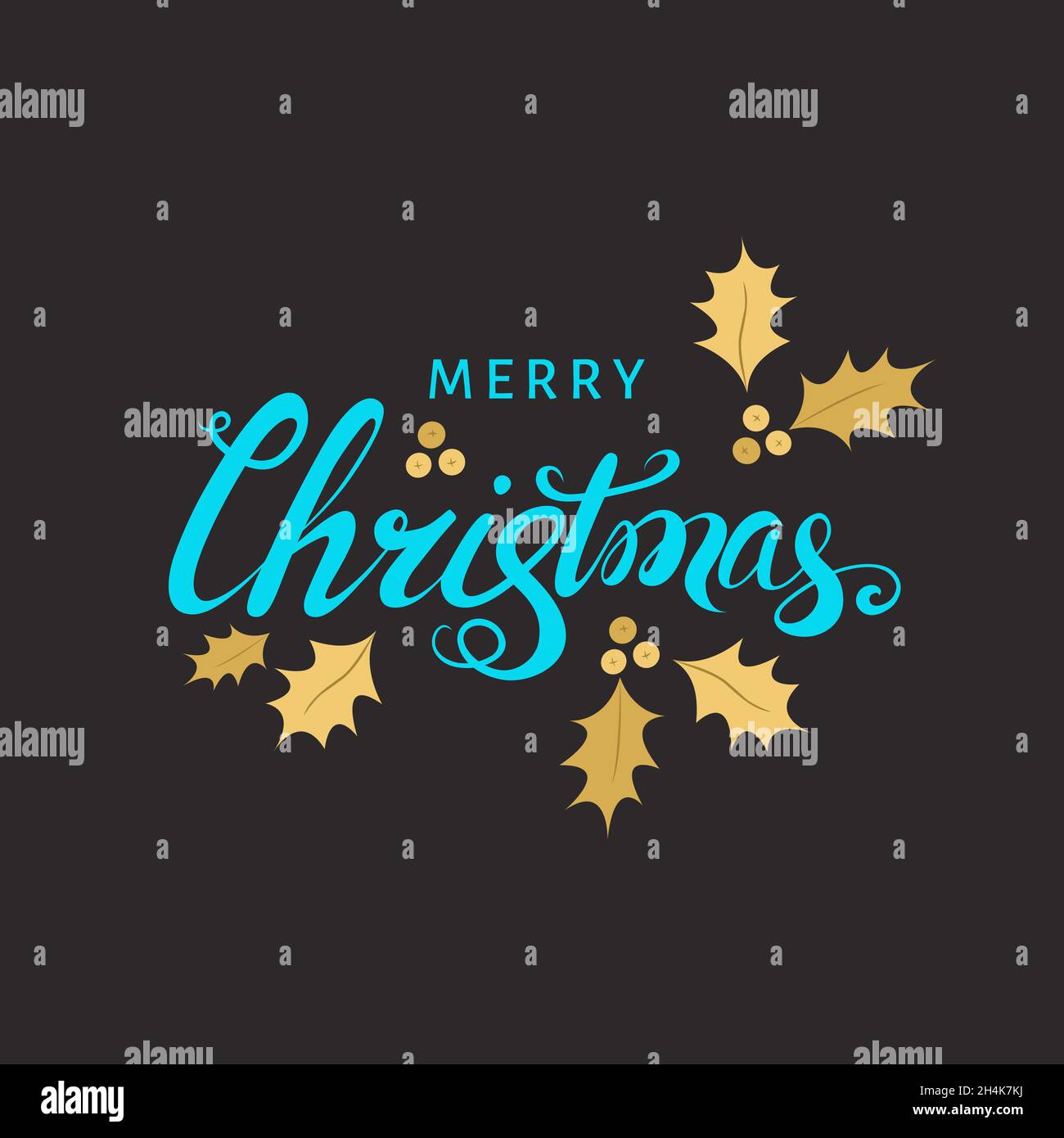 Christmas hand lettering with golden twig of holly with berry and ...