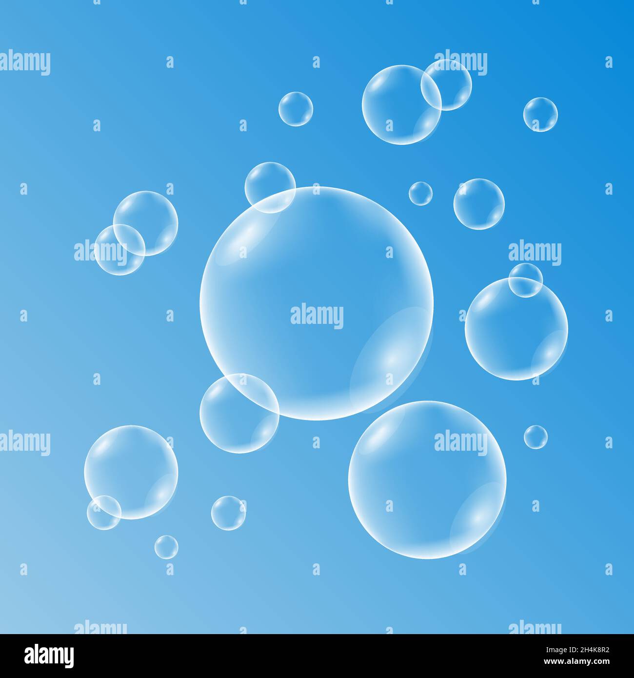 Set of clean water, soap, gas or air  bubbles with reflection on transparent background. Realistic underwater vector  illustration. Stock Vector