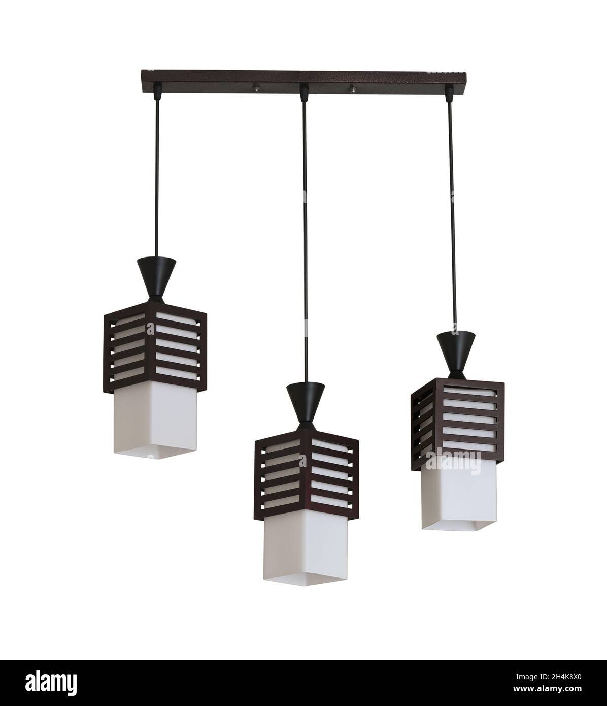 Modern black three light ceiling chandelier isolated on white Stock Photo