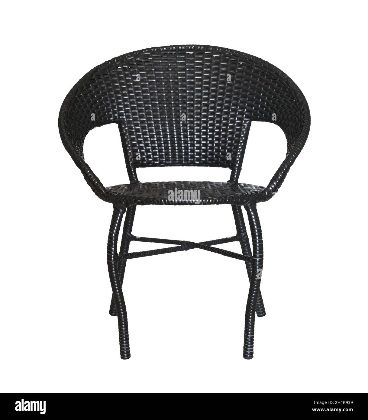 Front view of empty black wicker plastic armchair isolated on white Stock Photo