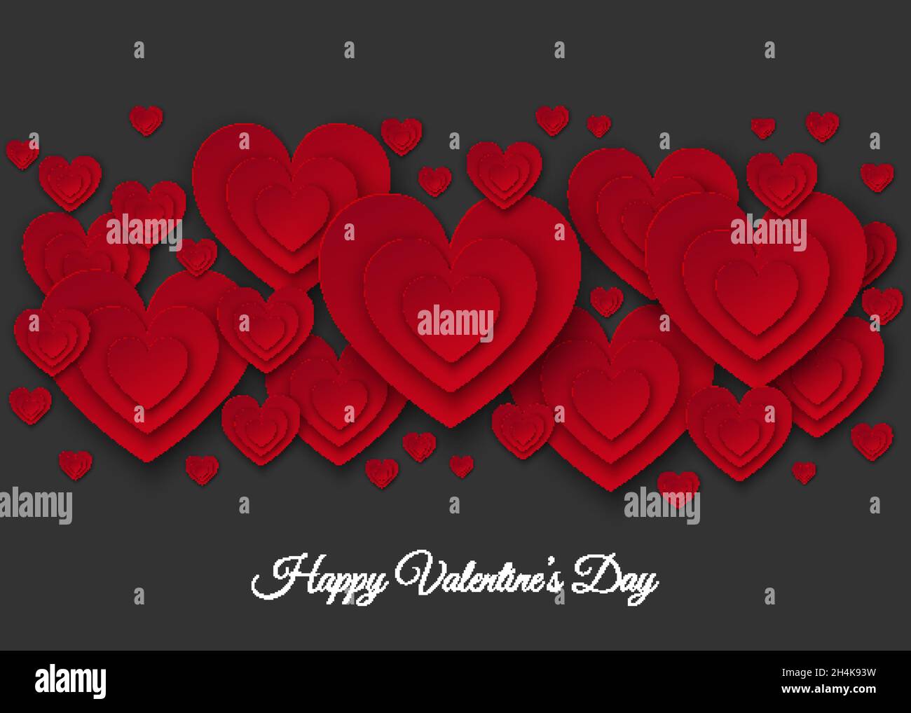 Happy Valentines day red cut paper hearts on black background. Weeding ...