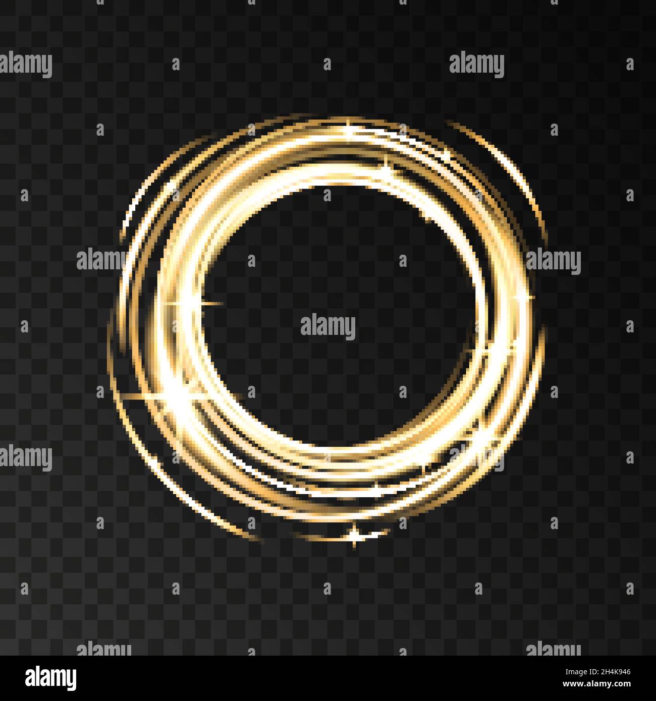 Gold neon circle lights effect with sparkles isolated on black transparent background. Shining  golden  magic flash energy beams. Vector design elemen Stock Vector