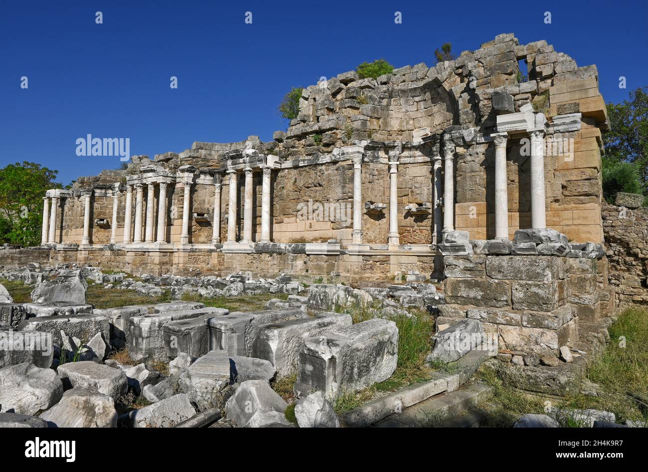 Ruins of ancient fountain Nympheum in Side. Antalya. Turkey. Stock Photo