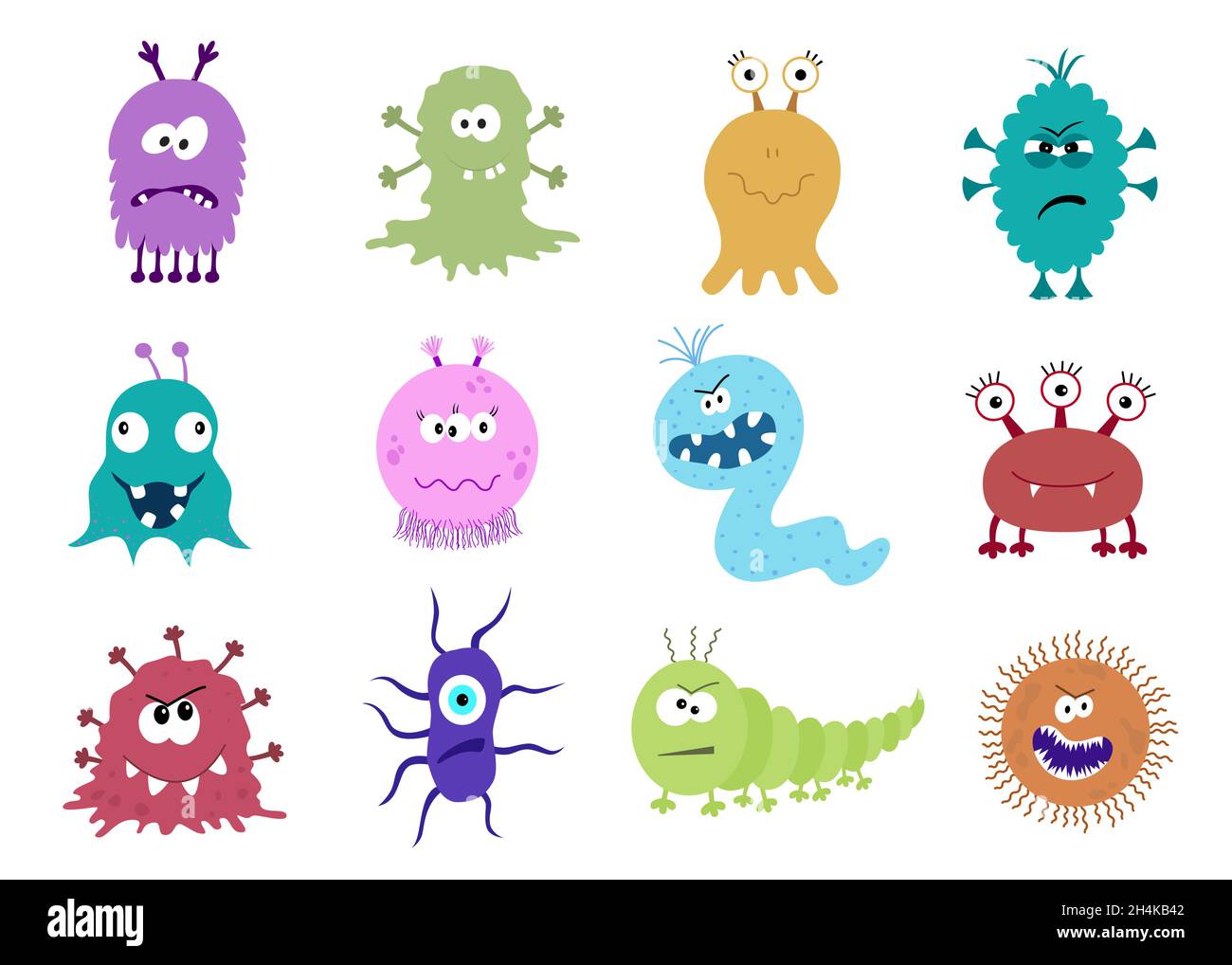 Funny and scary bacteria cartoon characters isolated on white background. Cute kids toy Halloween monsters. Set of good and bad microbs in flat style. Stock Vector