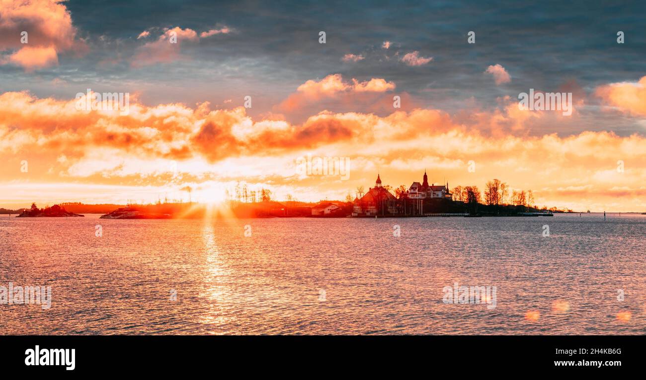 Helsinki, Finland. Sunrise Landscape Of Blekholmen Valkosaari Island And Luoto Island. Stock Photo