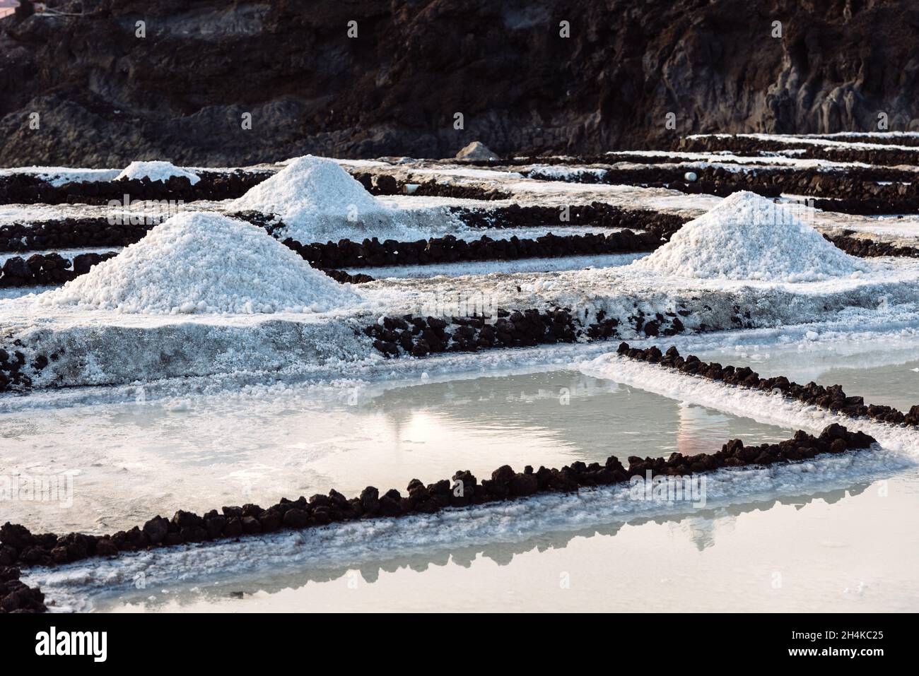 Salt extraction in salinas of Fuencaliente, La Palma, Canary Islands. Stock Photo
