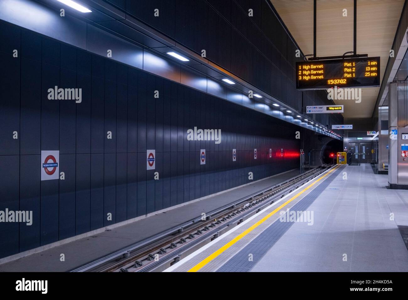 Battersea Power Station; underground station, no people, Northern Line, platform interior, tube station signs; subway / metro, London, UK Stock Photo