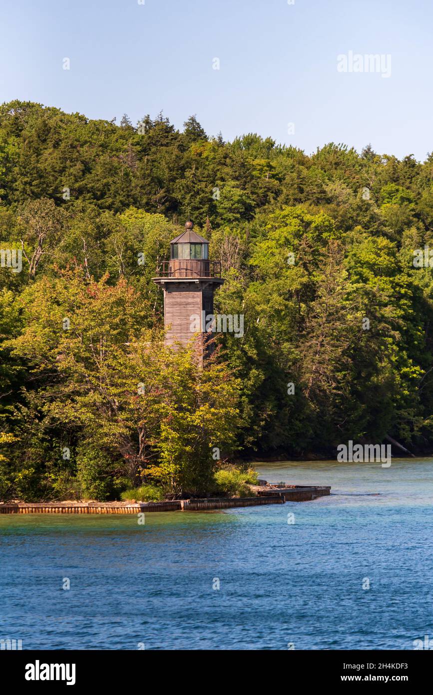 Grand Island East Channel Light in Summer. Michigan Stock Photo