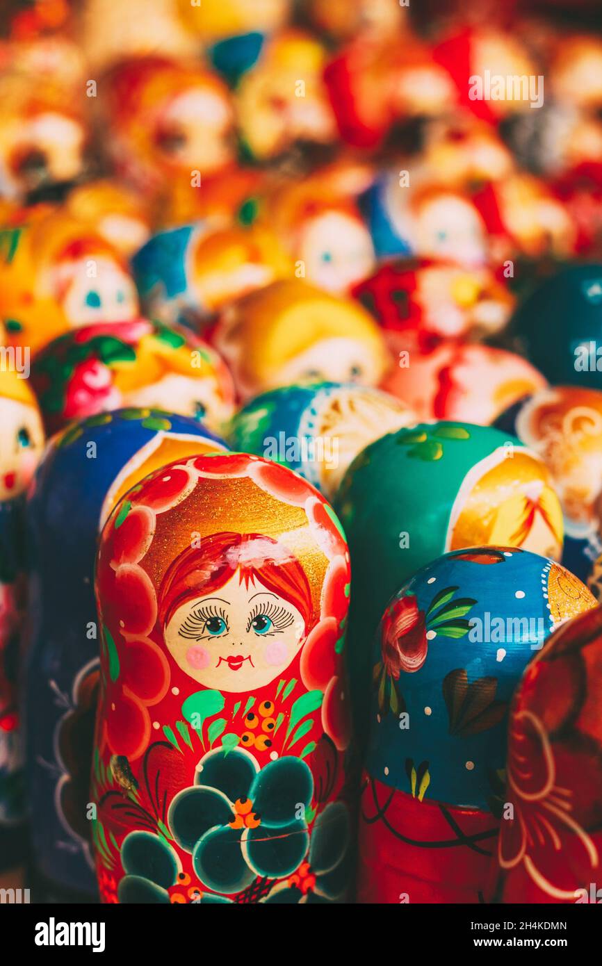 Colorful Russian nesting dolls at the market. Nesting dolls are the