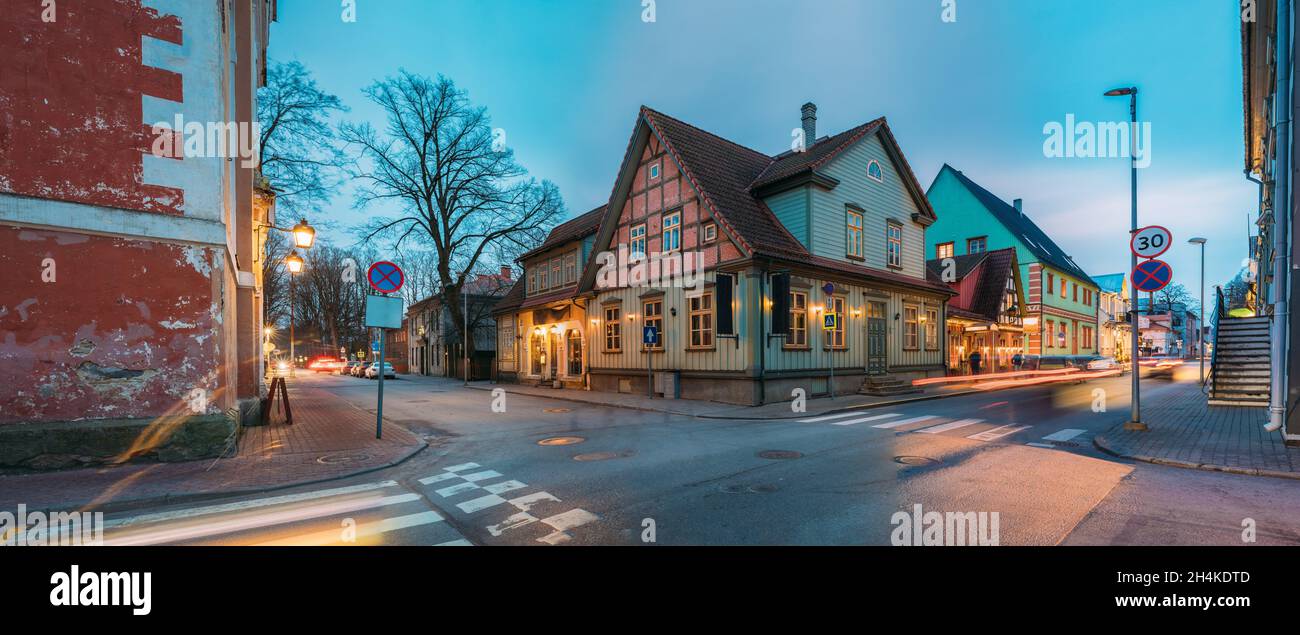 Parnu, Estonia. Night View Of Kuninga Street With Old Buildings, Wooden