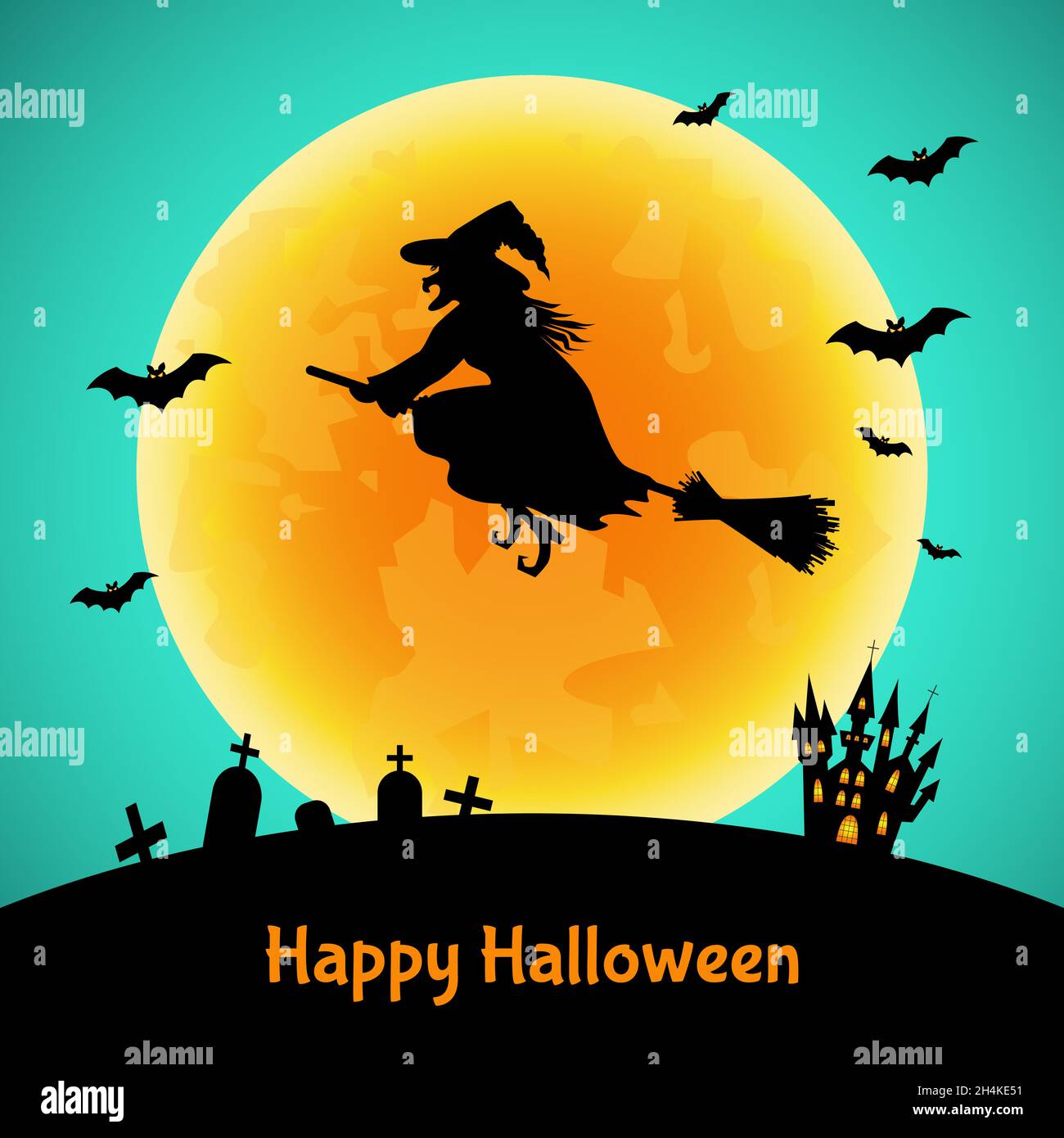 Halloween background.   Witch  silhouette,  castle  and moon.   Vector template. Stock Vector