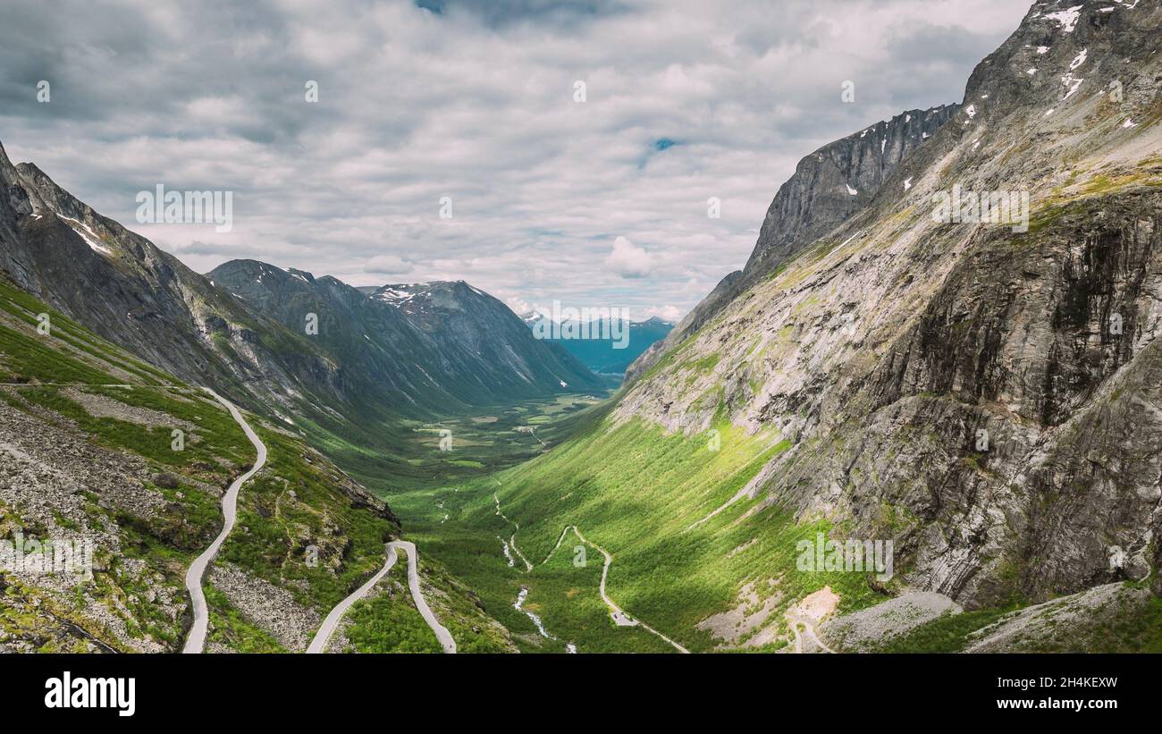 Trollstigen, Andalsnes, Norway. Cars Goes On Serpentine Mountain Road Trollstigen. Famous