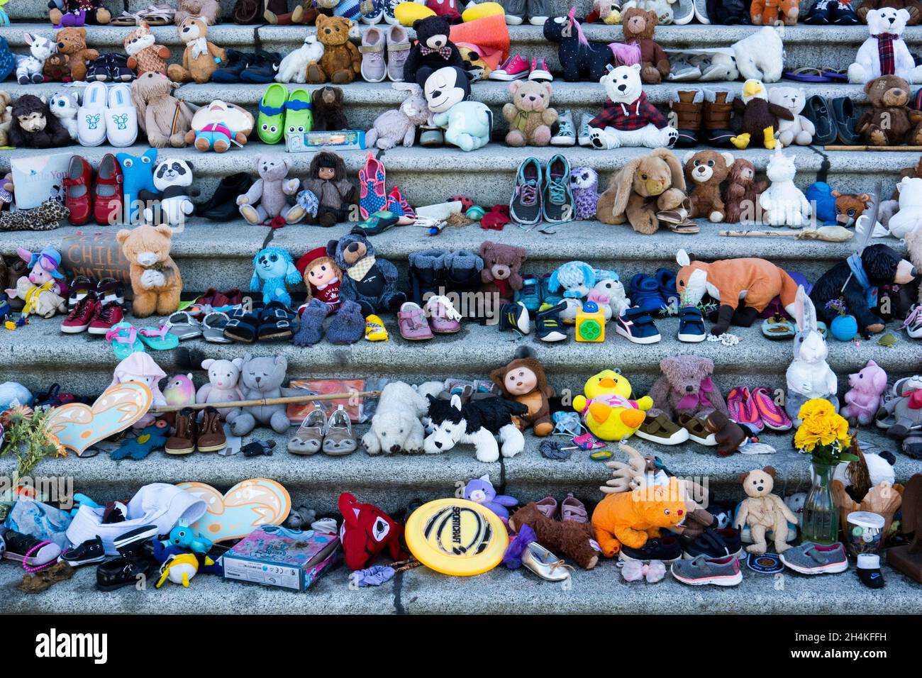 Memorial to missing indigenous children on the steps of the legislature in Victoria, BC, Canada. Stock Photo