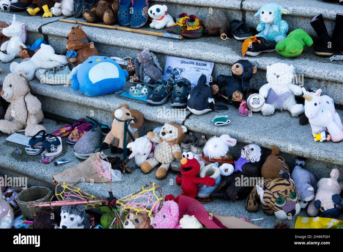 Memorial to missing indigenous children on the steps of the legislature in Victoria, BC, Canada. Stock Photo