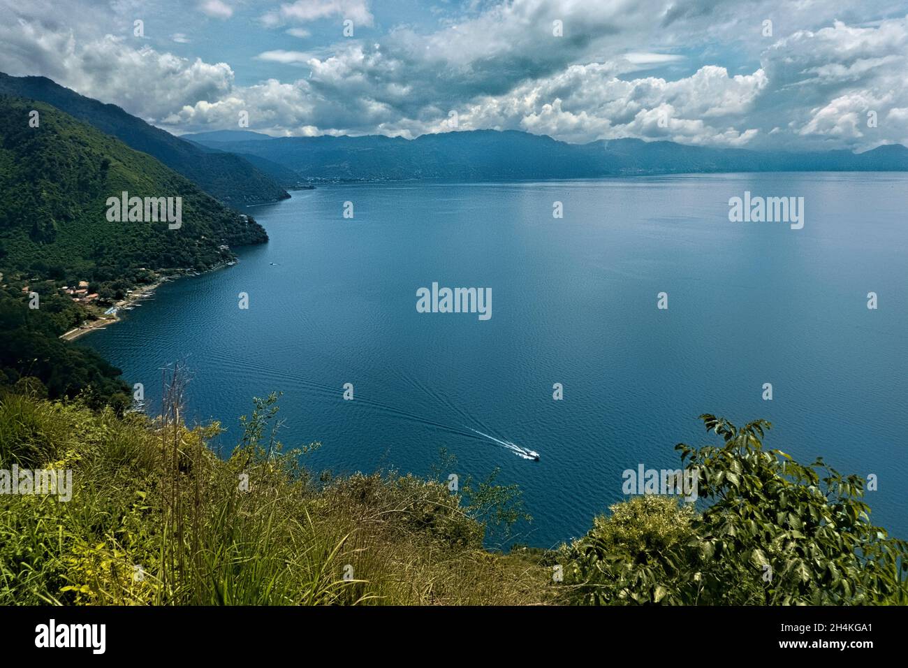 View of beautiful Lake Atitlan in the Guatemalan highlands, Solola, Guatemala. Stock Photo