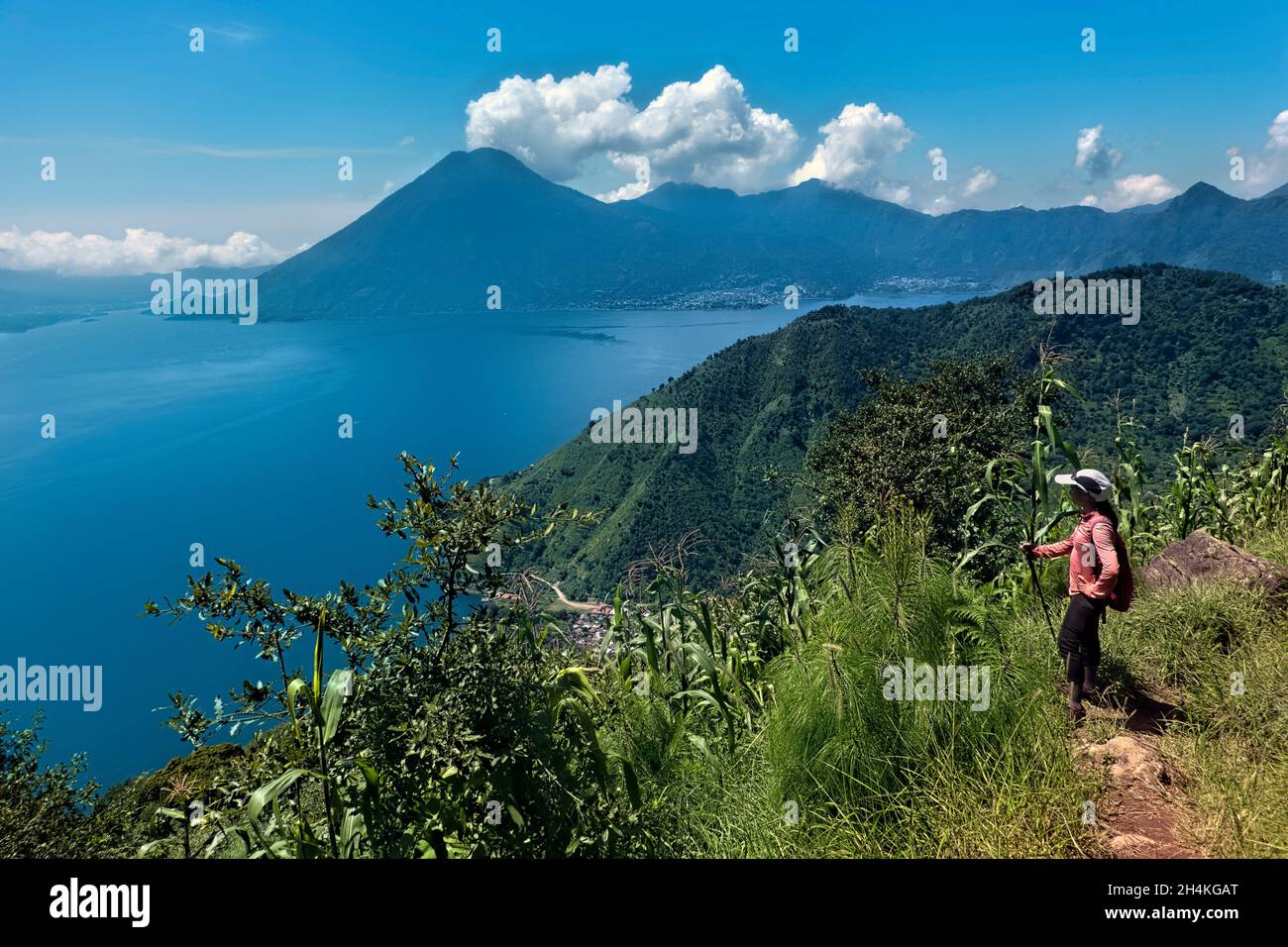 Hiking above the magnificent Lake Atitlan in the Guatemalan highlands, Solola, Guatemala. Stock Photo