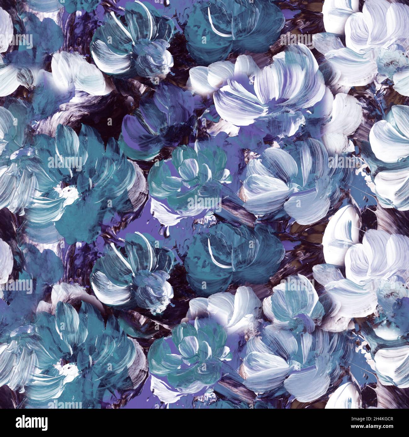 Seamless pattern of abstract blue flowers, art painting, creative hand ...