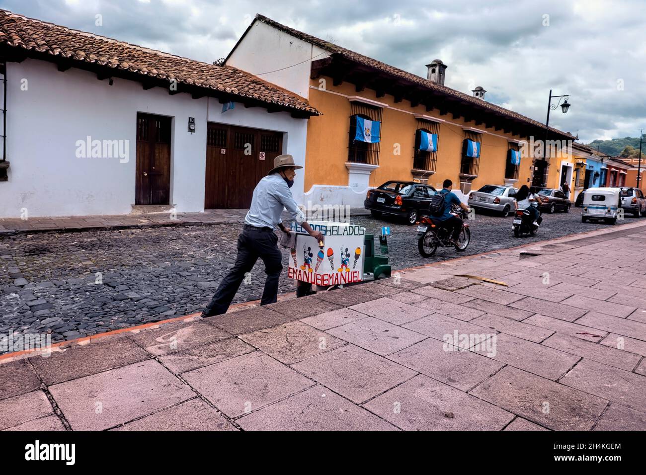 Ice cream vendor in historic Antigua, Guatemala,. Stock Photo
