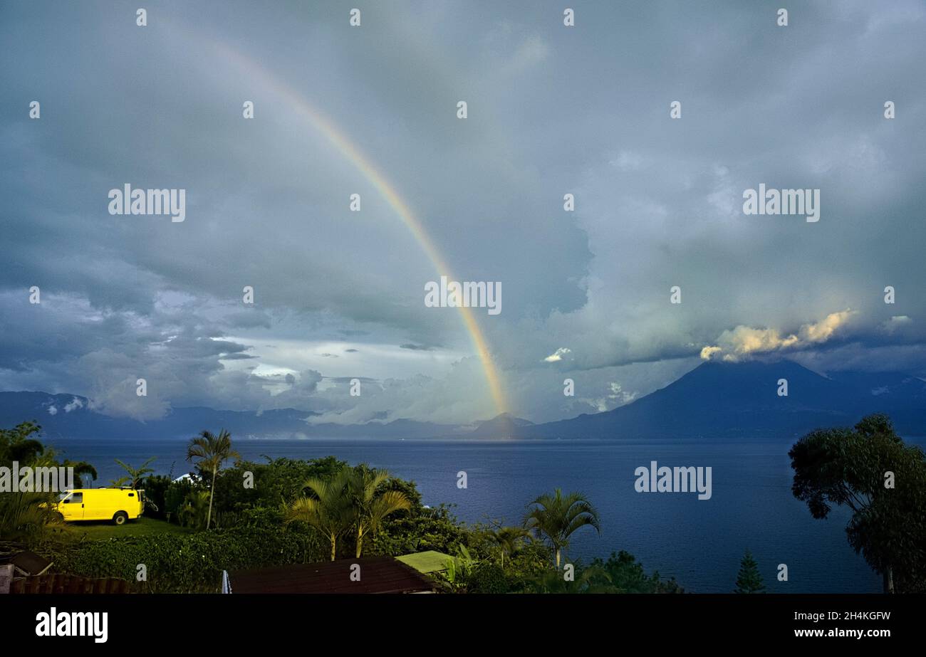 Rainbow above Lake Atitlan in the Guatemalan highlands, Solola, Guatemala. Stock Photo