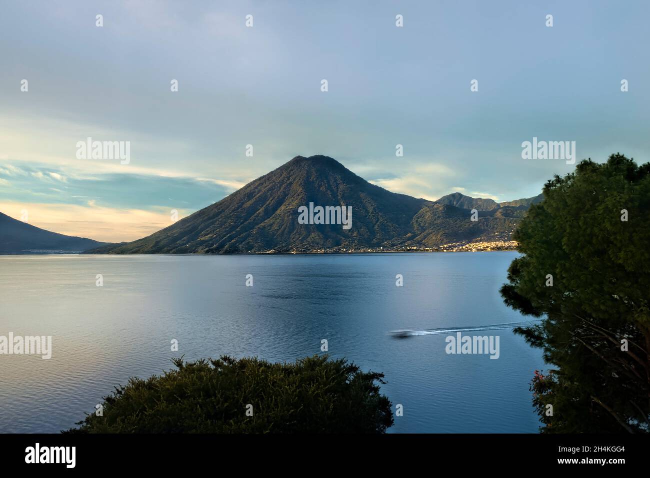 View of San Pedro volcano and Lake Atitlan, Solola, Guatemala. Stock Photo