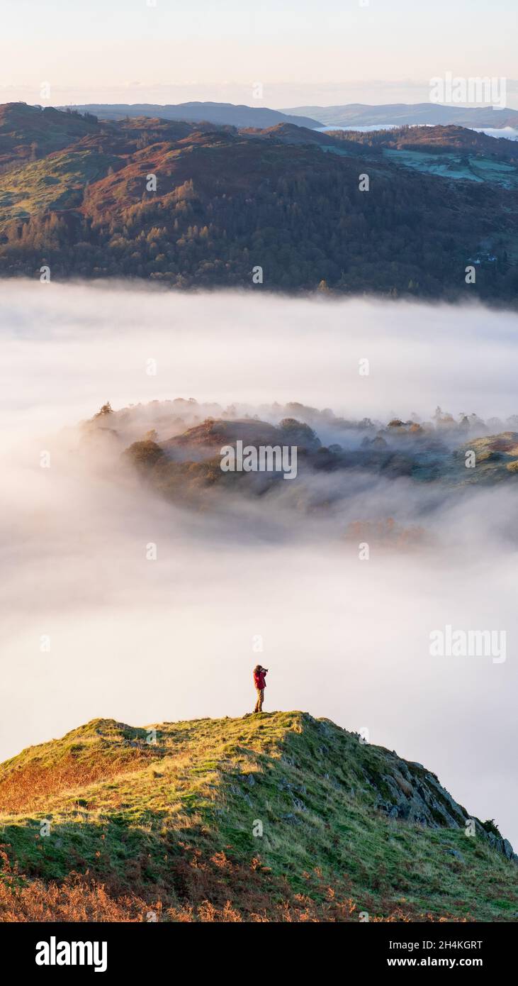A photographer captures the cloud inversion filling the valleys of the Lake District around trhe summit of Loughrigg Fell on a frosty autumn morning. Stock Photo