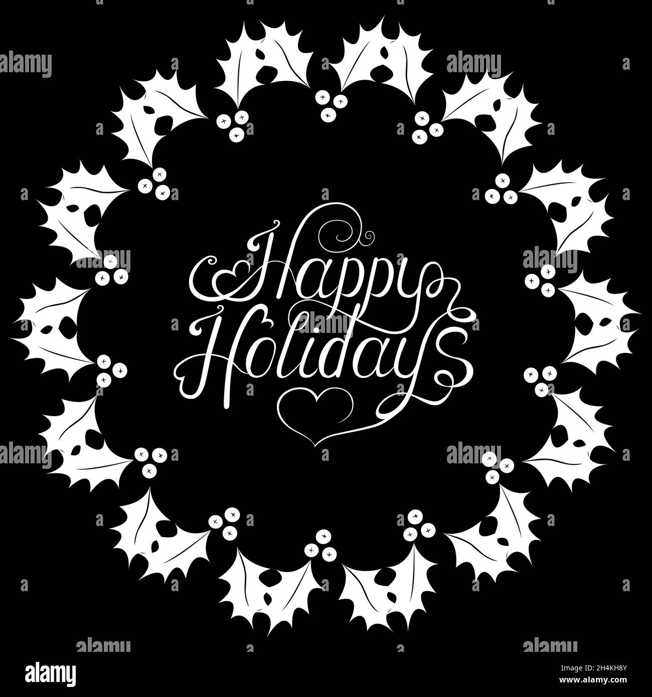 Christmas greeting card. Hand lettering on black background with holly ...