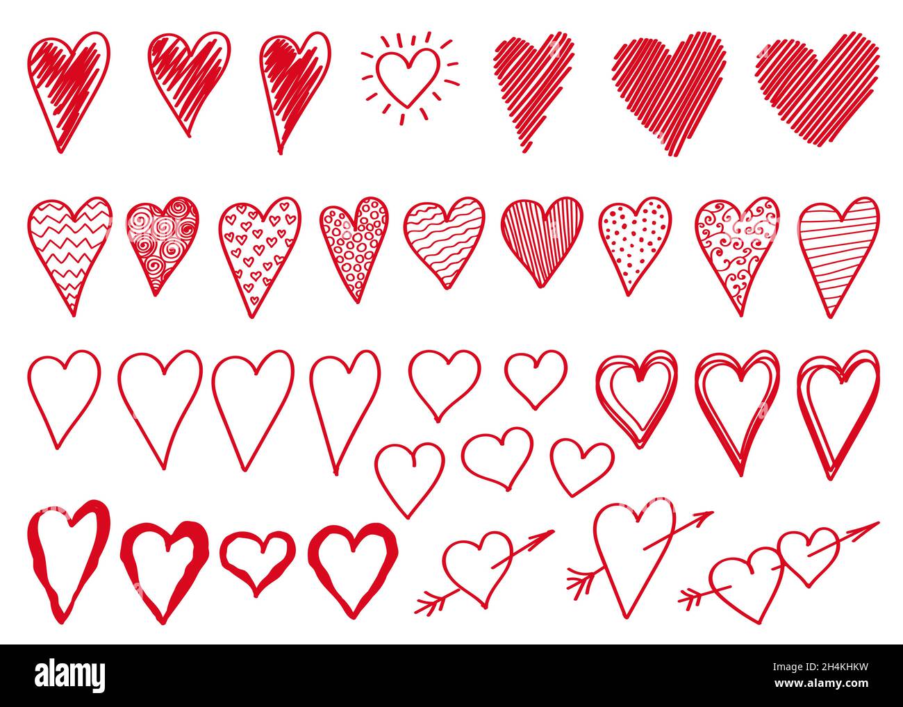 Set doodle hand drawn red hearts isolated on white background. Vector ...