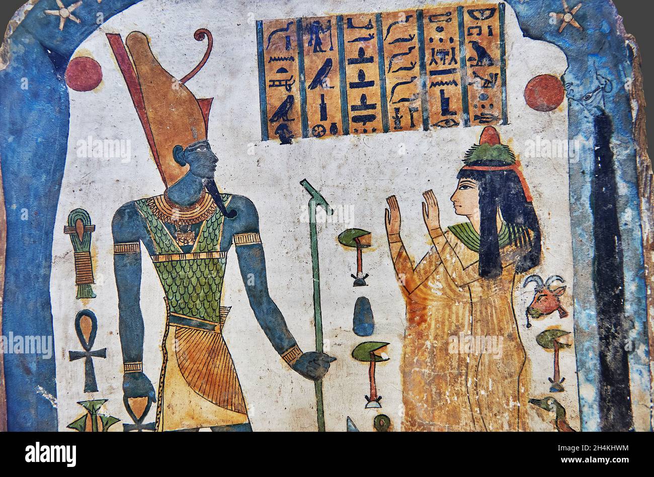 Ancient Egyptian stele of the lady Taperet and Atoum, 10th or 9th cent BC, 22nd Dynasty, painted wood. The Louvre Museum inv E52 or N 3663.   Taperet Stock Photo