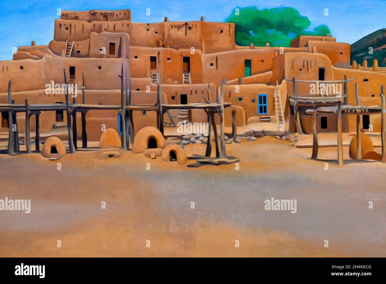Taos Pueblo, 1929, 1934,by Georgia O'Keeffe (1887-1986), the Eiteljorg Museum of American Indians and Western Art, Indianapolis, Indiana, USA. Stock Photo