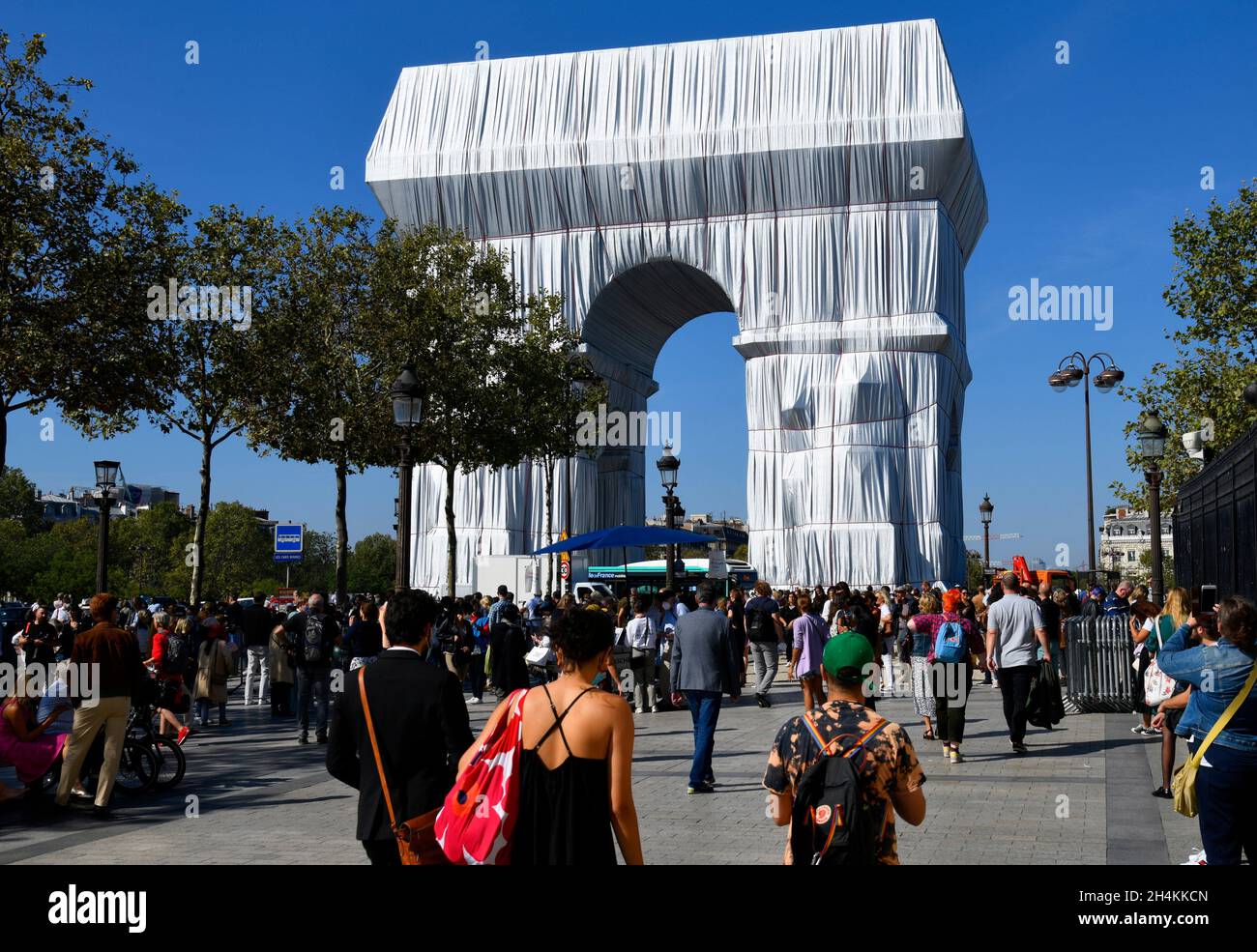 Arc de Triomphe monument wrapped by Christo artist, Paris France. Stock Photo