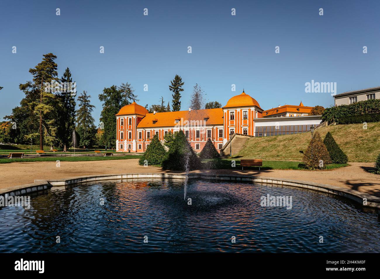 Ostrov,Czech Republic.Chateau built in Baroque style surrounded by beautiful park with fountains,ponds and artificial rocks.Sightseeing tour close to Stock Photo