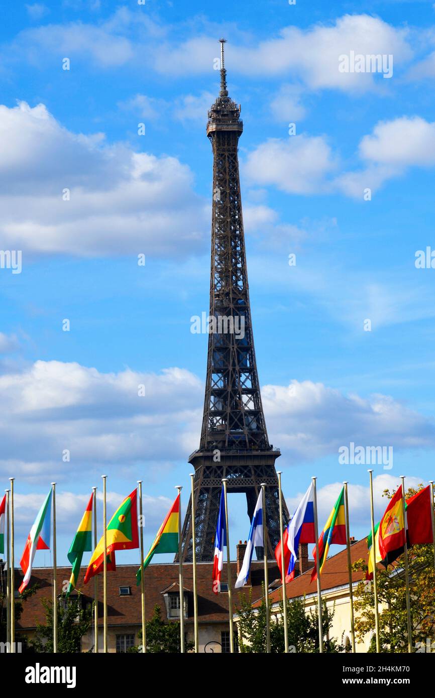 World flags in front of UNESCO headquarter in Paris, France. UNESCO is the United Nations Educational, Scientific and Cultural Organization. UNESCO Stock Photo