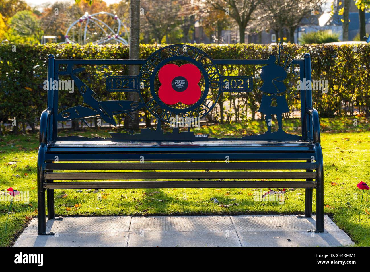 Cenotaph War Memorial, Montrose, Angus, Scotland, UK 3rd of November 2021: The new Poppy Centenary Bench was  unveiled at the Cenotaph in Montrose on the 28th of October. This project was funded, designed and manufactured locally. The group “Poppy Scotland Montrose' were behind the project. The new bench, complements the existing bench at the Cenotaph war memorial. Credit: Barry Nixon/Alamy Live News Stock Photo