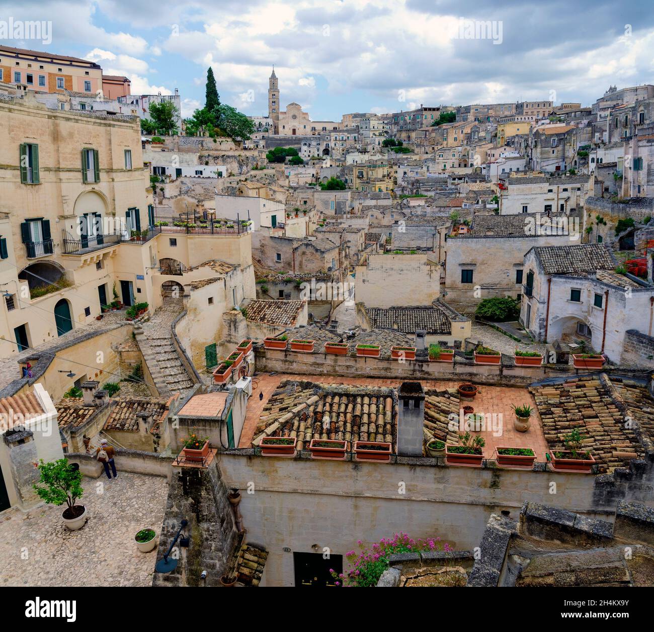 panoramic view across the buildings in the district 'Sasso Barisano' in the old town of Matera, Italy Stock Photo