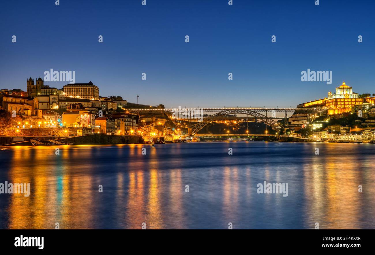 Porto with the river Douro before sunrise Stock Photo