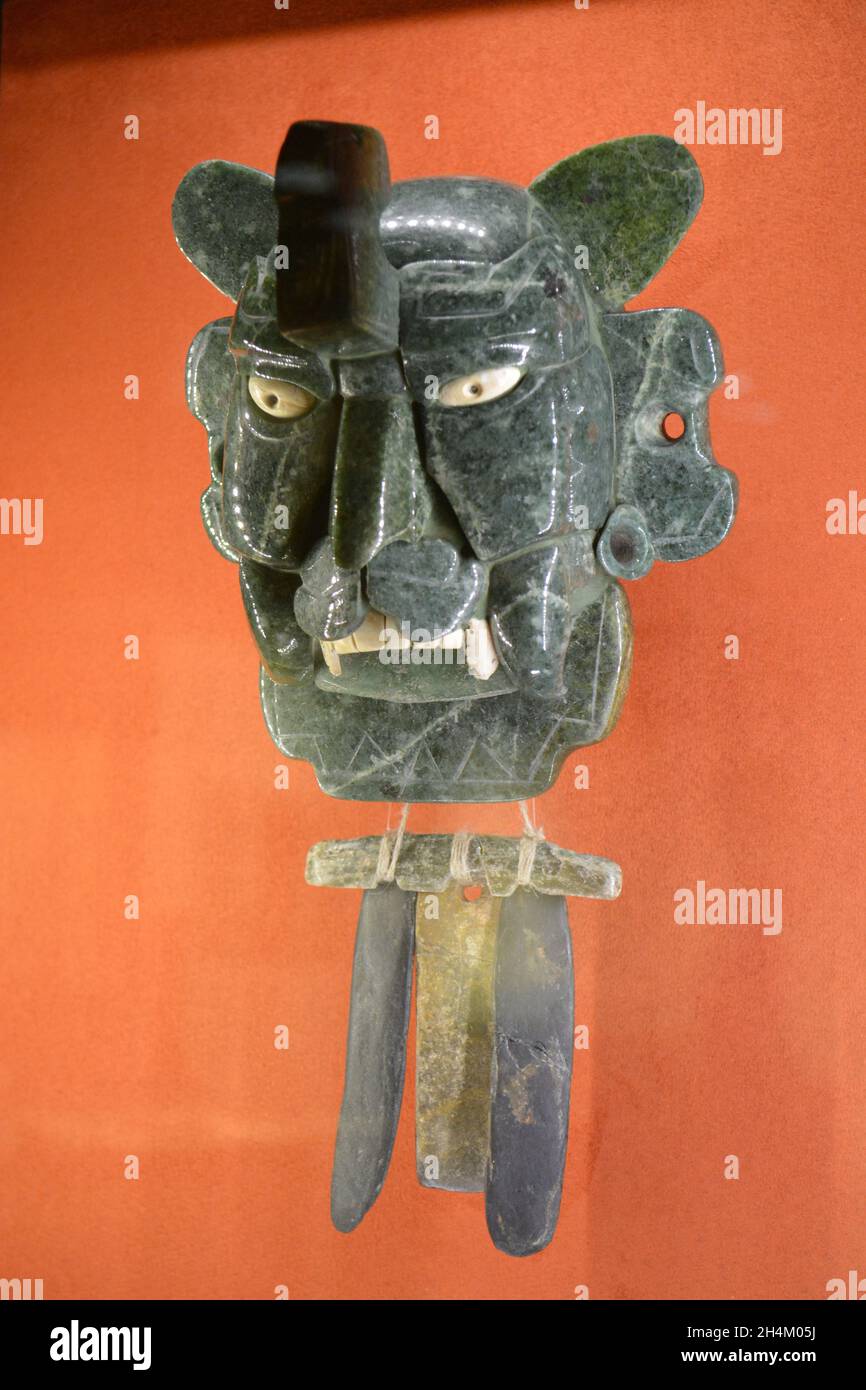This mask was found in the building H of Monte Alban, it is the zapotec God Batman. Oaxaca Mexico Stock Photo