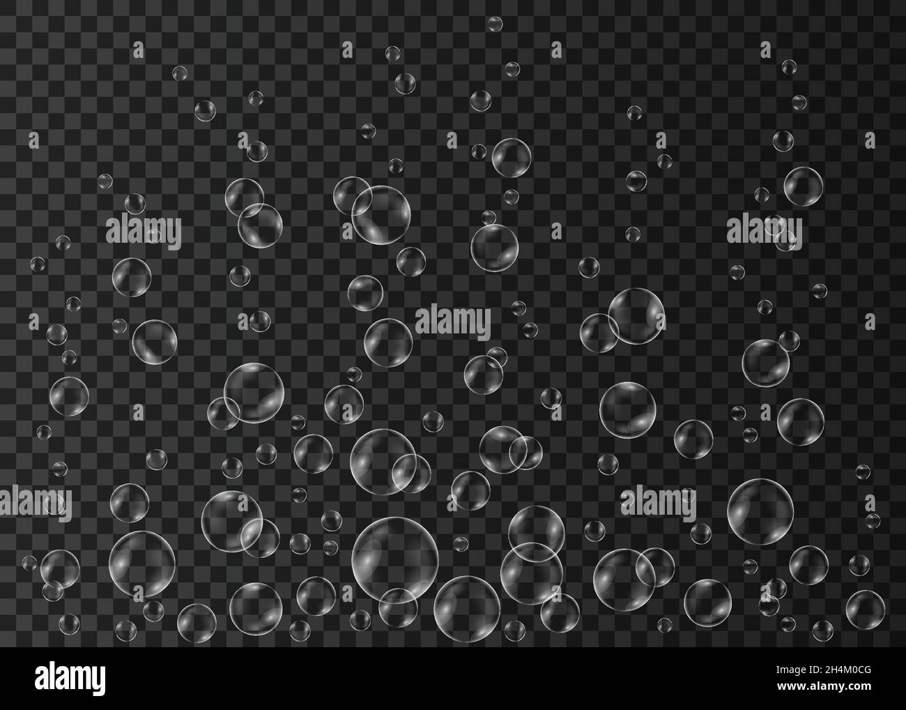 Fizzing  white air bubbles on transparent  background. Fizzy sparkles in water, sea, aquarium, ocean. Champagne texture. Undersea vector illustration. Stock Vector