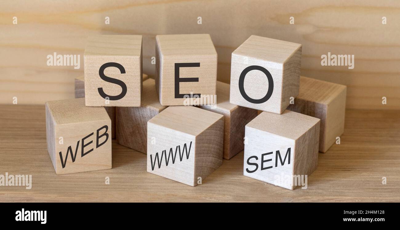 Business strategy and marketing concept, cube figure with the word SEO Stock Photo
