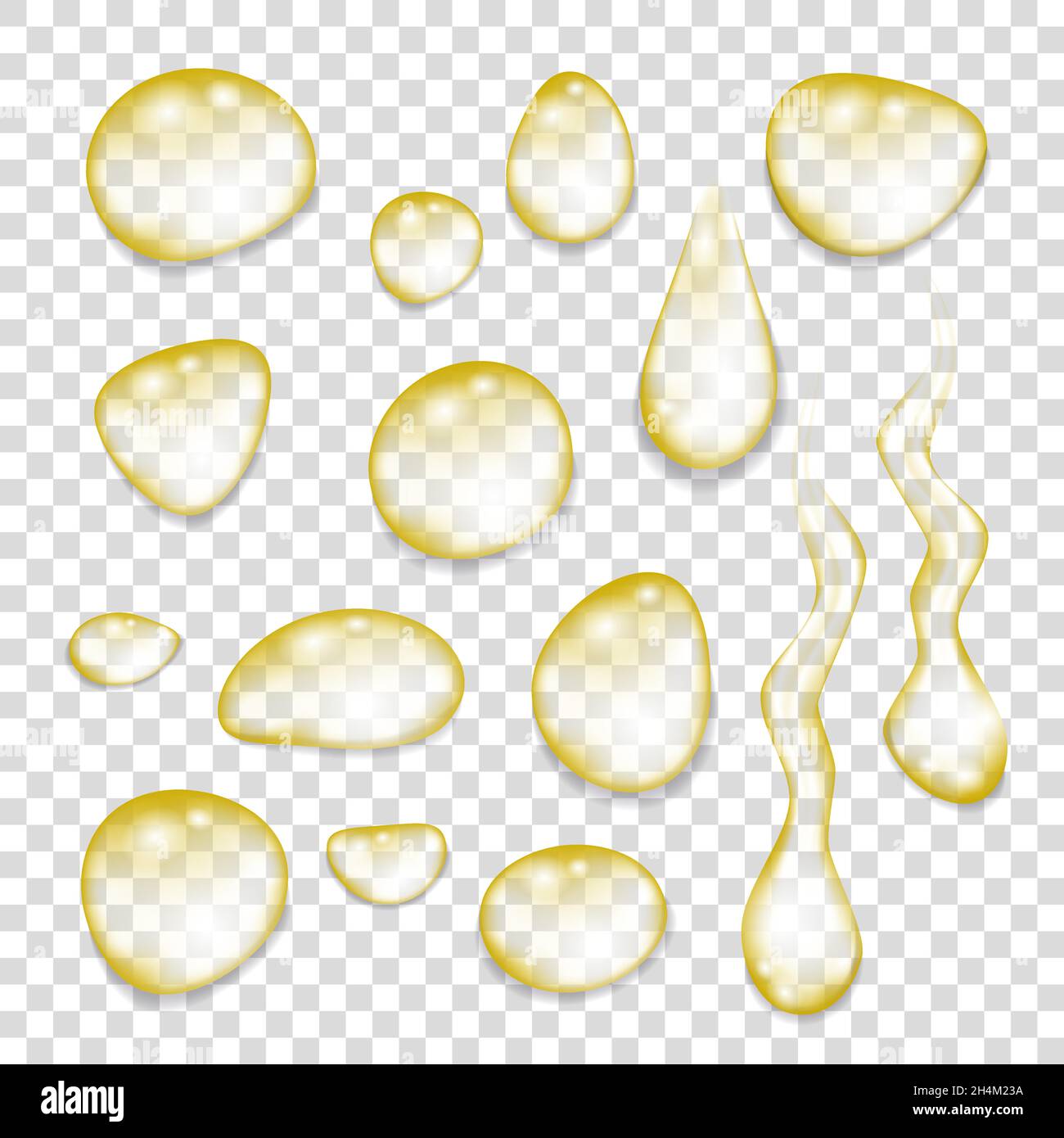 Golden Drop Vector Set of transparent gold drops isolated on a gray background. Golden oil ...