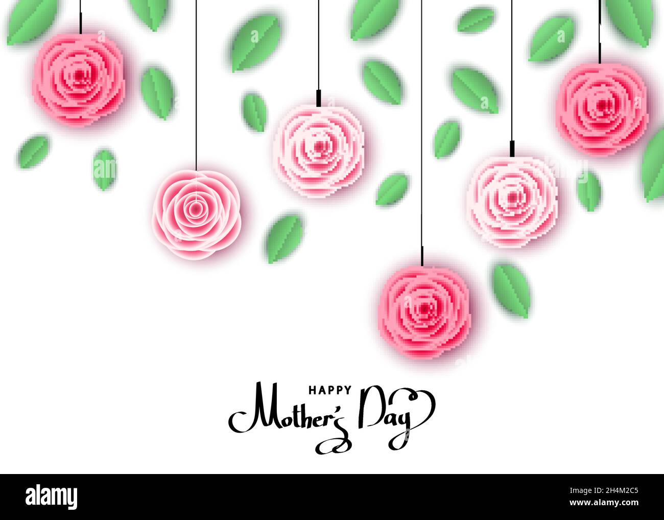 Happy mother's day greeting card with hanging pink  roses, lettering.  Flowers for banners,  posters, voucher discount, sale advertisement template. Stock Vector